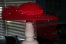 Vintage Whittall Shon Red Wool Hat w/Veil-Pearl Sequin-Preowned
