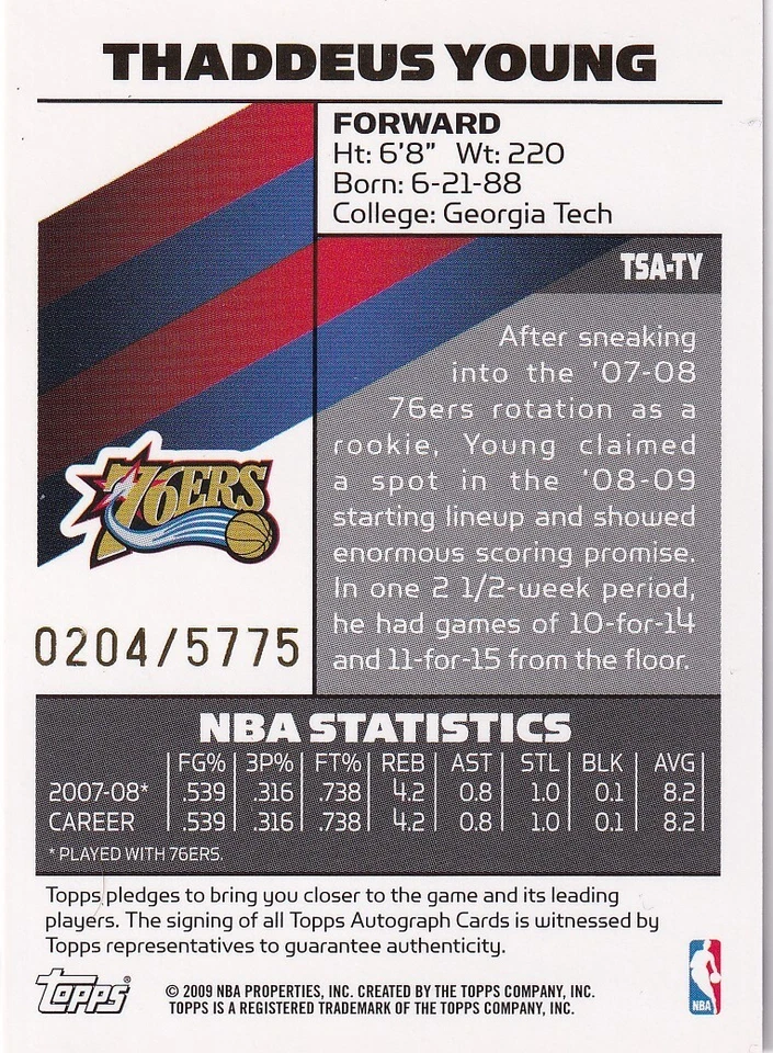 2008-09 Topps Signature Autographs #TSATY Thaddeus Young 204/5775 - Image 2 of 2