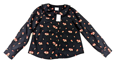 Crewcuts J.Crew sz M 8-9 Shirt black floral print peter pan collar buttons 0061