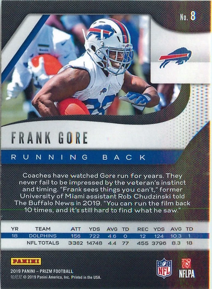 Frank Gore 2019 Panini Prizm Football Chrome Base Card #8 Buffalo Bills NFL - Image 2 of 2