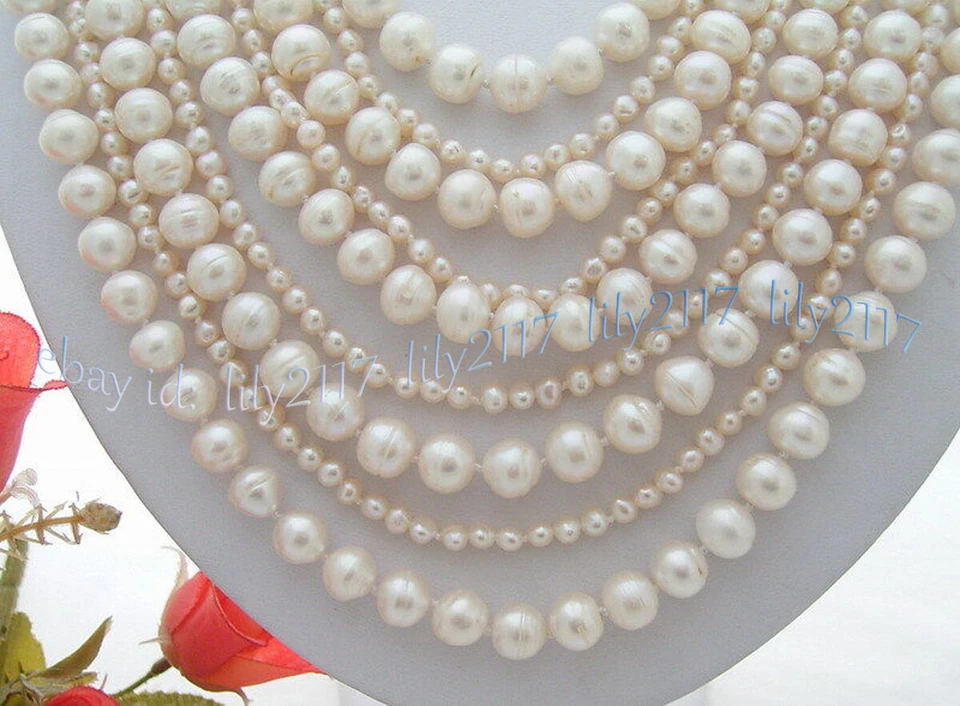 Collar de perlas de agua dulce blancas naturales 9 filas 9-10 mm 4-5 mm 21-30"" cierre 925S Foto 4 de 4