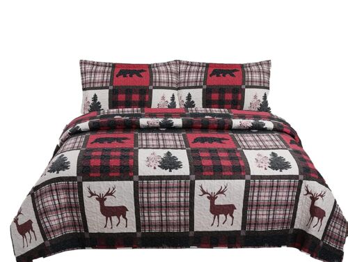 Quilt Plaid Bedding Red Reindeer 3 Piece Cottage Lodge Set, King Queen Twin size - Picture 1 of 8