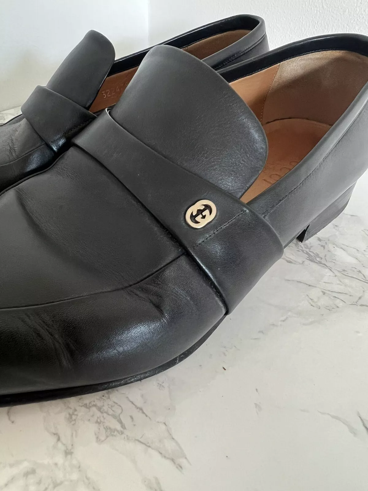 GUCCI double GG imbriqué G cuir noir mocassins chaussures authentiques US9,5