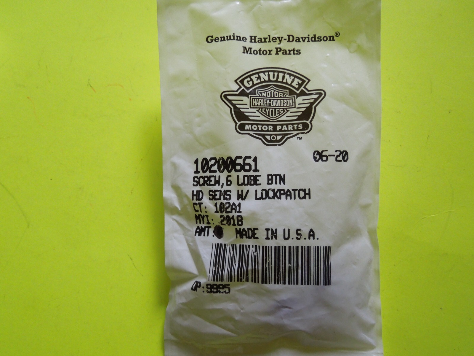 1 NOS OEM Harley Davidson 6 LOBE BTN HD SEMS W/ LOCKPATCH Screw P