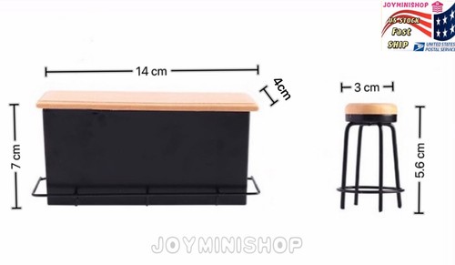 Miniature 1/12 Bar Counter 3PCS(1Table&2 Stools) Pub Dollhouse Furniture Taproom - Picture 2 of 9