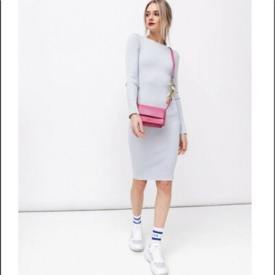 MISSGUIDED Baby Blue/Lime Green Rib-Knit Midi Bodycon Dress NWT