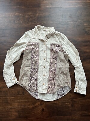 Free People Born Free Bandana Inset Long Sleeve Button Up Shirt Beige Size  Small