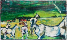 TABLEAU VINTAGE HUILE/ TOILE CHEVAUX SAUVAGES 1965 SIGNATURE ILLISIBLE