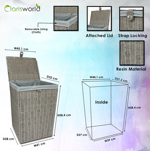Laundry Basket Hamper Handwoven Grey Resin Bin for Dirty Cloths with Lining - Picture 2 of 6