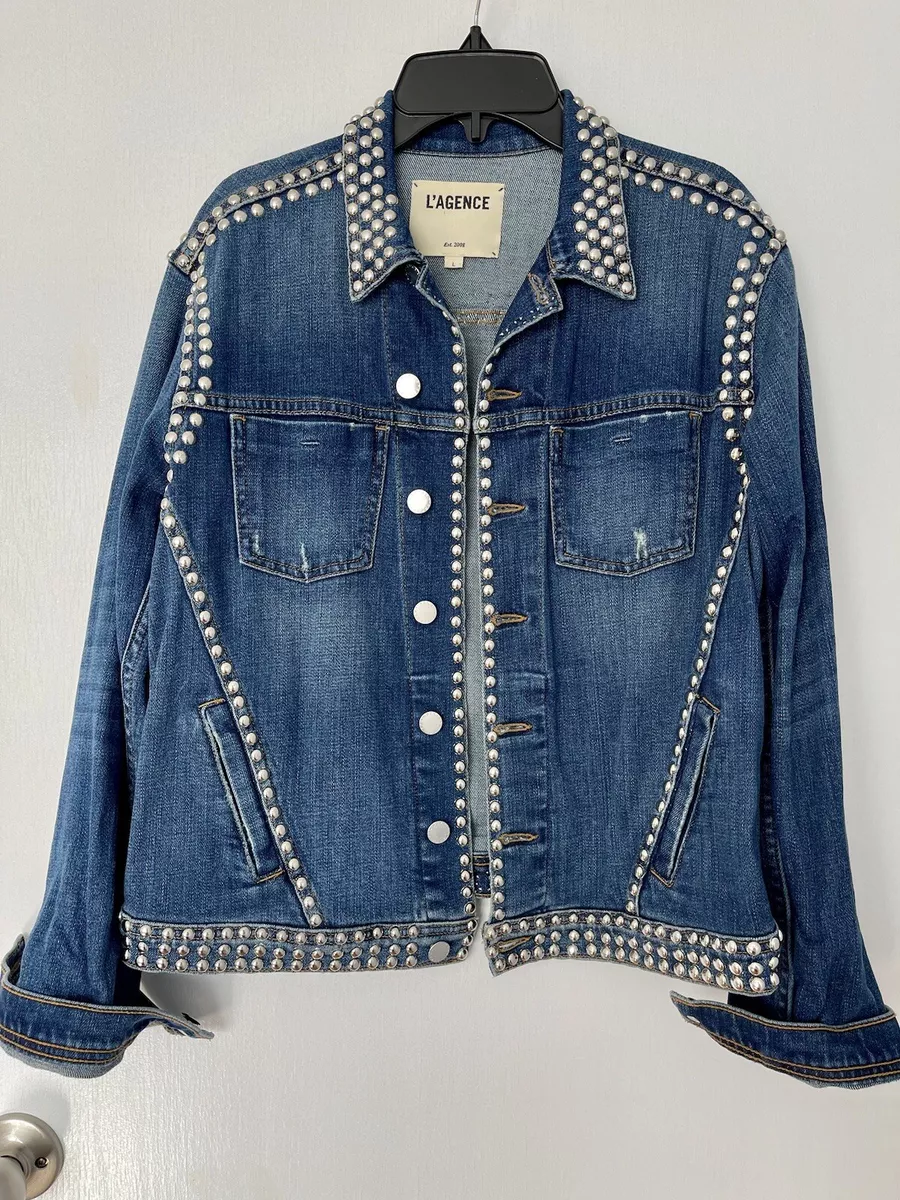 L'AGENCE Studded Denim Jean Celine Motorcycle Jacket Size L