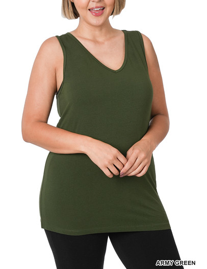 Zenana  1X Soft  Cotton Spandex Tank Top V Neck Racer Back Wide Strap Army Green