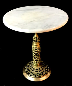 Vtg Round Marble & Pierced Brass Side Table Plant Stand Holywood Regency