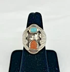 Vintage Navajo Sterling Silver Turquoise Red Coral Stone Leaf Ring Size 7