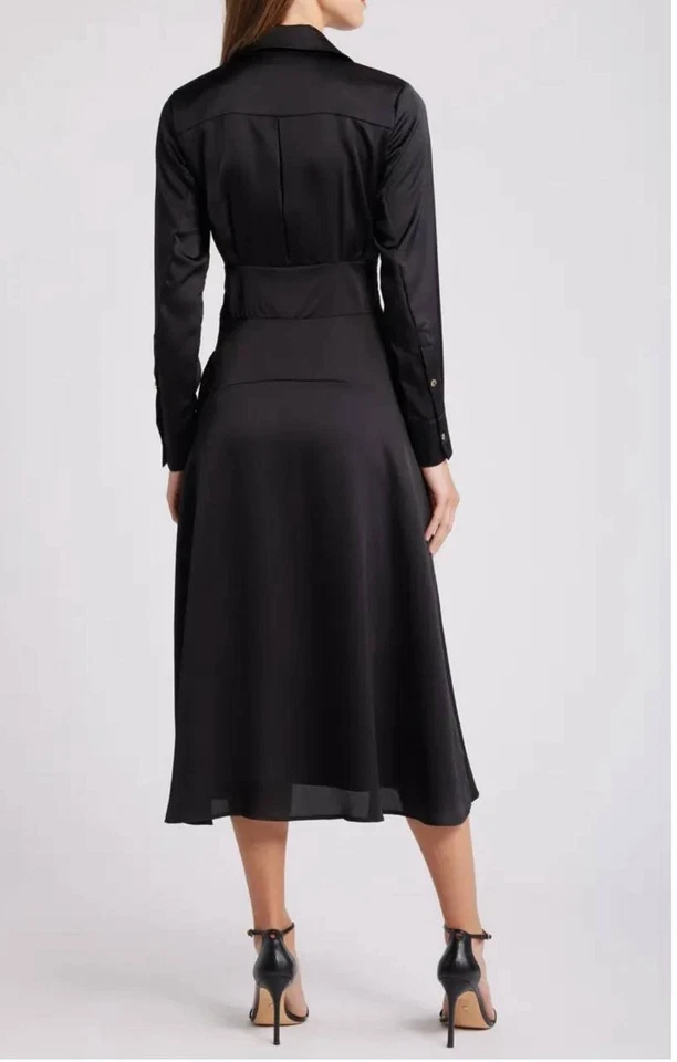 Vestido Camisa Tahari ASL Para Mujer Negro Satinado Manga Larga Sobrepelliz Autoatado Talla 10 Foto 2 de 4