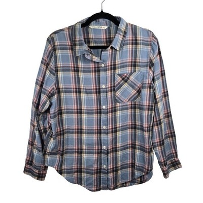 Vanilla Star Blue Plaid Large 100% Cotton Long Sleeve Button Up Shirt Top Soft
