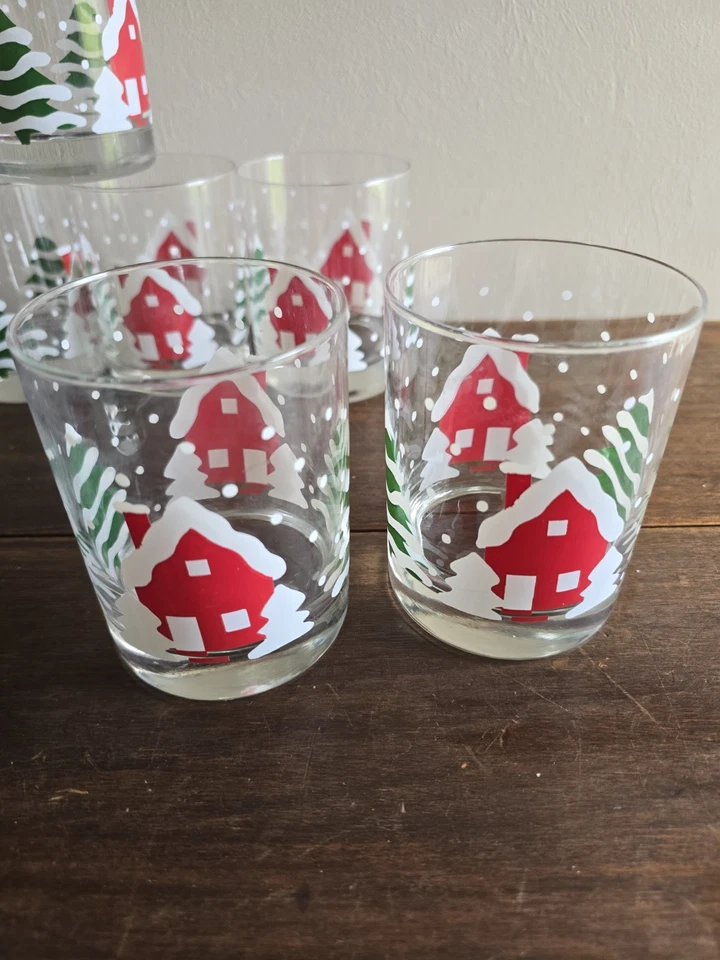 Set Of 6 Pier One"Winter Village" Snowy Red Cabin Trees 12oz Tumblers Glasses - Image 3 of 4