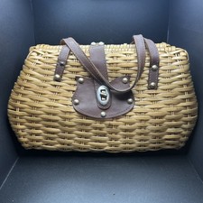 Vintage Wicker/Rattan, Handbag, Leather Straps, Turn Lock, Made In Hong Kong