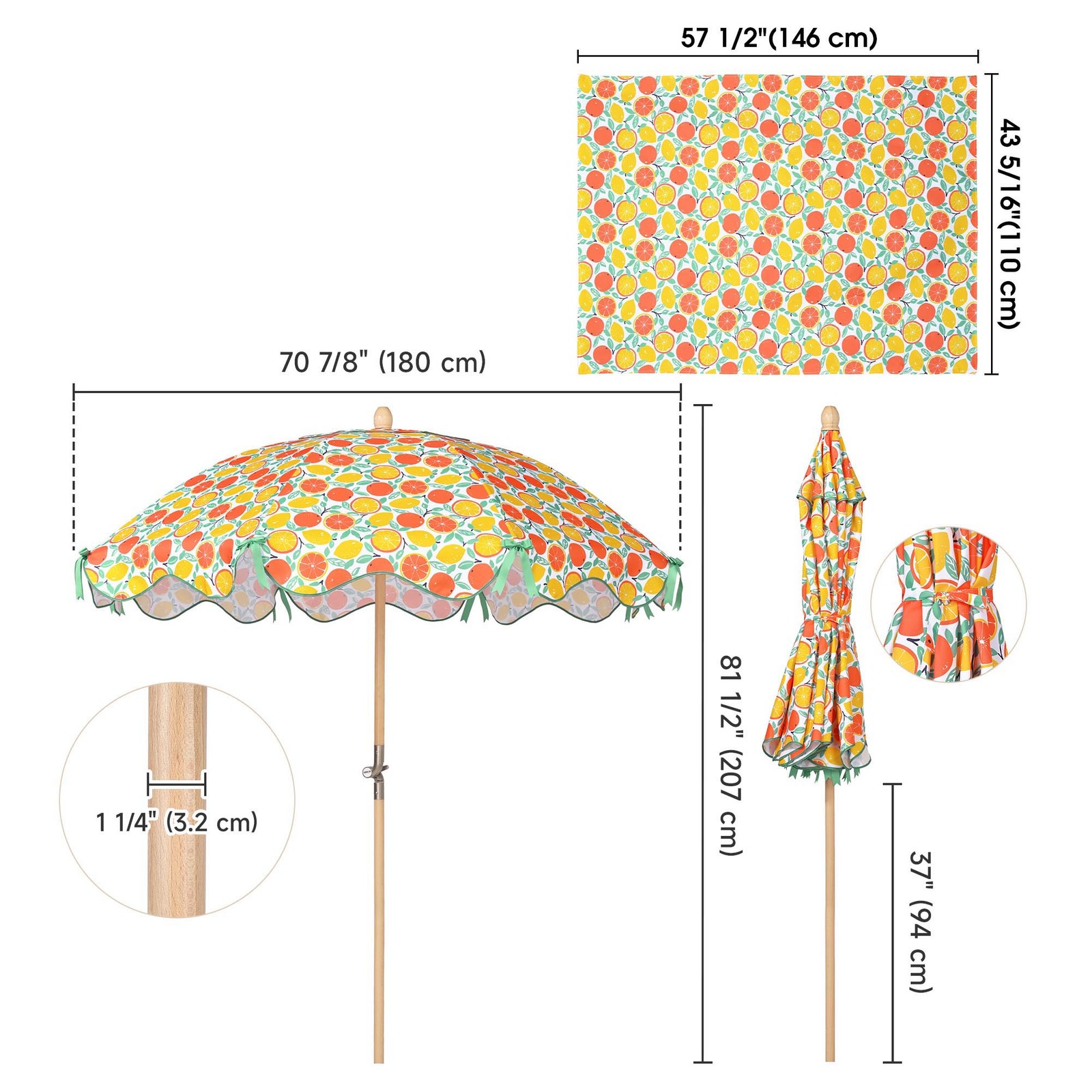 LAGarden Our Beach Umbrella Beech Wood Pole w/ Tablecloth Orange Grapefruit