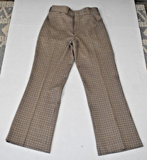 Vintage Pants Size W30 L28 70s Sandy Beige Gingham Plaid Poly Flared Leg Grunge