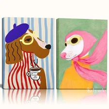 2pcs Quirky Dog Canvas Wall Art Colorful Dog Prints Pictures Kitsch Aesthetic...