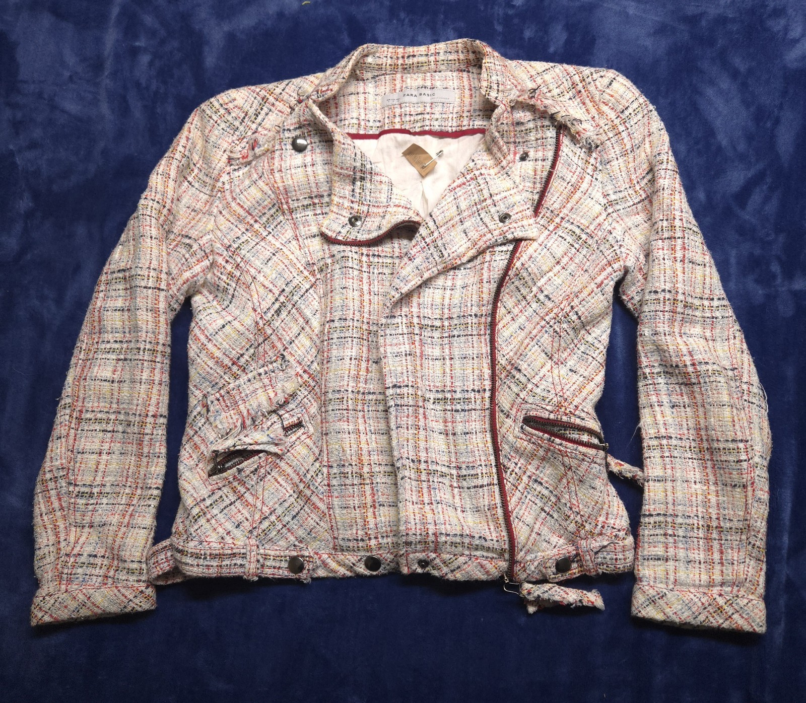 Zara Basic Tweed Moto Jacket Multicolor Bouclé Zi… - image 1