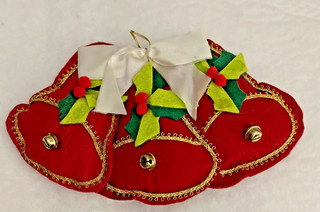 VTG 50s Handmade Three Red Felt Bells w Gold Trim & White Bow Accent