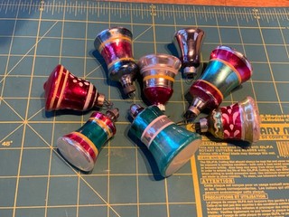 8 Vintage Shiny Brite premier ? Christmas Bell Ornaments striped USA colors