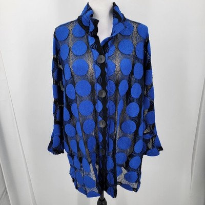Ali Miles Jacket Womens Large Blue Black Polka Dot Bell Sleeves Sheer Boho