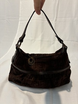 Fendi Vintage Dark Brown Suede Chef Zucca FF Shoulder Bag with Logo Charm