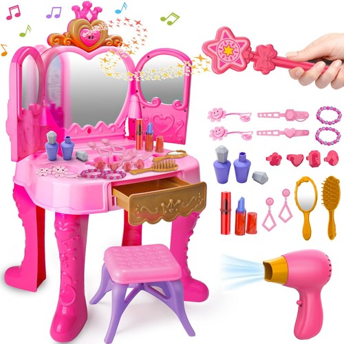 Toddler Vanity Magic Makeup Set Table and Chair Girl Toy Automatically Mirror...