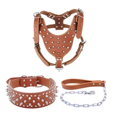 Leather Dog Harness Spiked Studded Dog Pet Collar Harness and Chain Leash Set fo