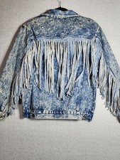 Vintage 80s Fringed Acid-Wash Studs Detail Blue Denim Jacket M/L See Pics