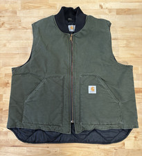 VTG Carhartt Mens Quilt Lined Duck Vest Olive Green Black Collar VQ184 Size 2XL