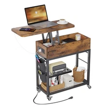 Lift Top End Table with Charging Station and Wheels, Sofa Side Table with USB...
