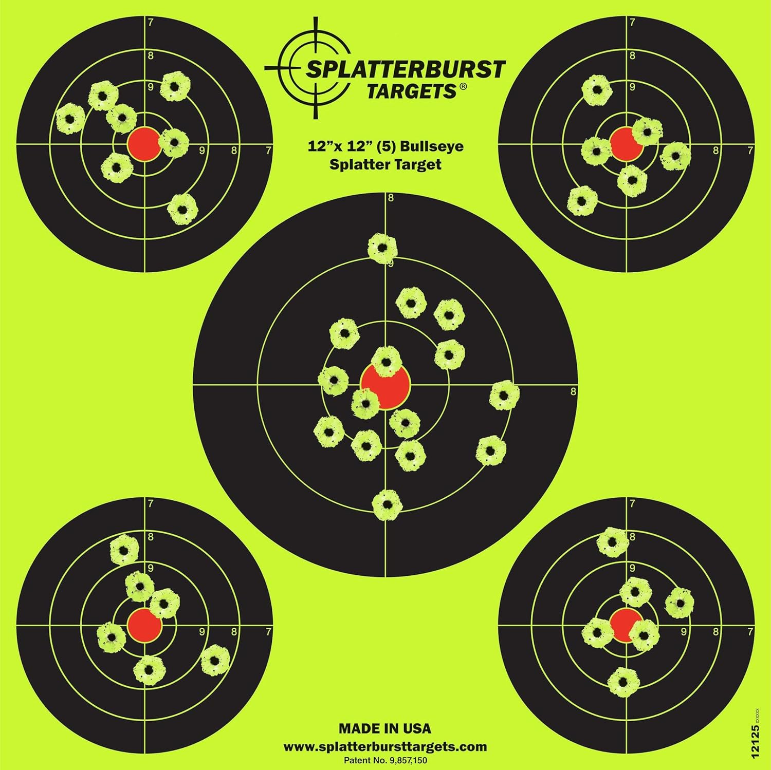 - 12 X12 Inch (5) Bullseye Reactive Shooting Target - Shots Burst Bright Fluores