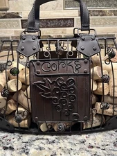 Metal Wine Cork Holder Handbag Purse Design with Grapes & Glass Ball Accents
