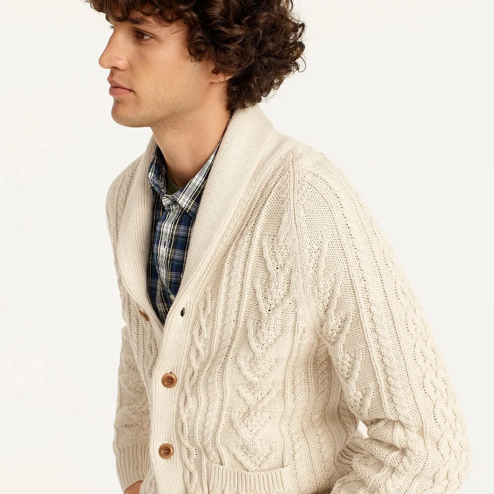 J. CREW Mens Sweater Cable-Knit Shawl Collar Cardigan Cotton Heather Natural NWT - Image 3 of 4