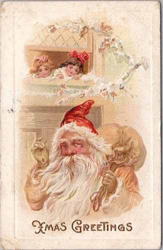 1911 CHRISTMAS Postcard SANTA CLAUS in Gold Robe / Red Cap / Girls at Window