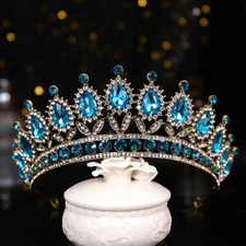 Vintage Silver Blue Crown Tiara real metal gift birthday diadem Aqua bridal