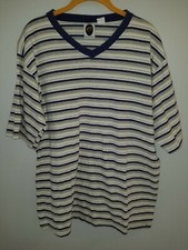 Vintage 90s Mens L Bugle Boy V-neck Striped T Shirt Blue Green Made In USA