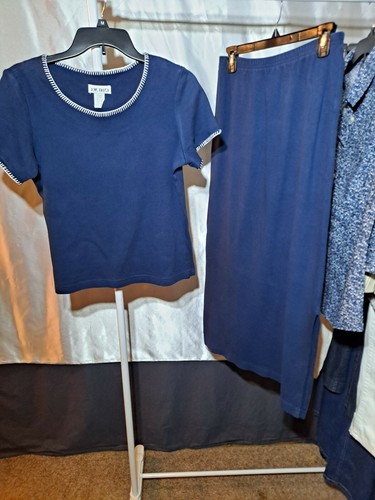 Women Cotton Navy Two Piece Short Sleeve Top & Matching Maxi Skirt w/Side Slits - Picture 1 of 7