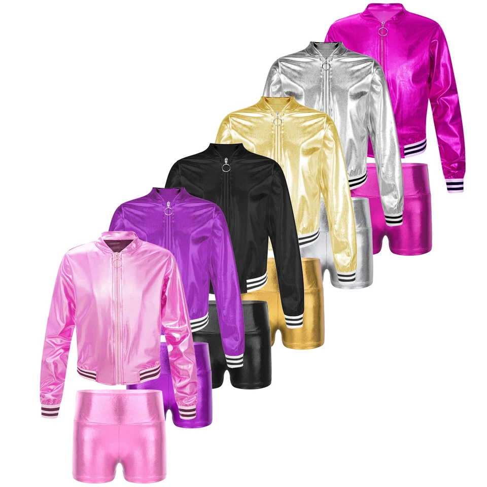 Kids Girls Tracksuit 2pcs Activewear Exercise Training Sweatsuit Shiny Metallic - Image 2 of 3