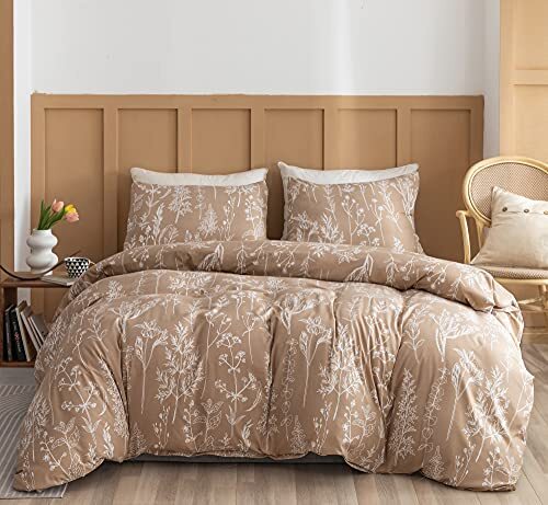 Comforter Set Comforter,3 PCS Bedding Sets Floral Comforter Set Queen Taupe