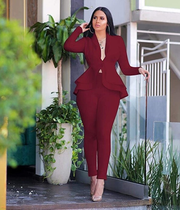 XL-Women's Sexy Long Sleeve Ruffle Pant Suit Red Wine Two Piece Matching Set