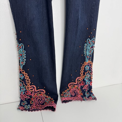 Diane Gilman DG2 Size 8 Blue Heavily Wood Beaded Floral Design Jeans Stretch - Picture 6 of 7