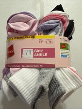 NWT Hanes Girls Ankle Socks 19 Pair Soft Stretch Multi Colors Shoe Size S 6-10.5
