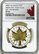 2024 CANADA SUPER INCUSE $20 1OZ SILVER MAPLE LEAF NGC PF70 24K GOLD GILT FR