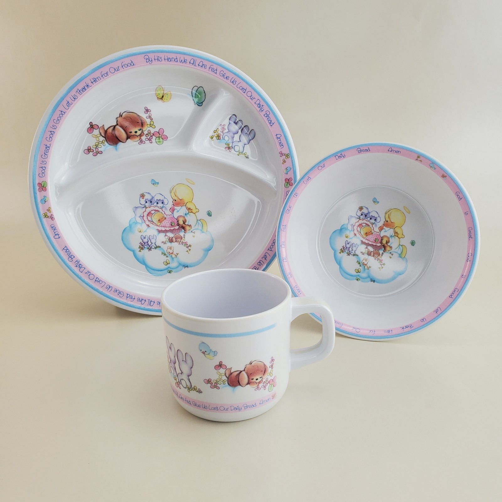 Vintage Precious Moments 1987 Enesco Melamine Toddler Plate Cup & Bowl Set