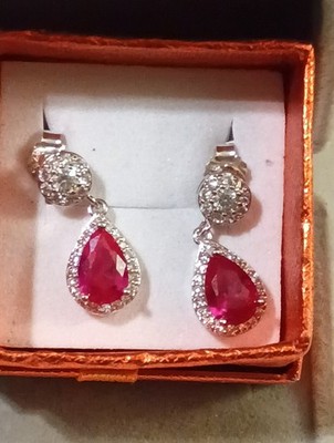 NATURAL EARTH MINED HEATED PEAR RED RUBY WHITE SAPPHIRE ACC. 925 SILVER EARRINGS