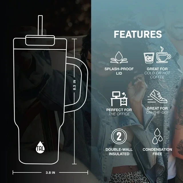 Vaso de acero inoxidable TAL Hudson 40 oz con mango de pajita doble tapa negro NUEVO Foto 3 de 4